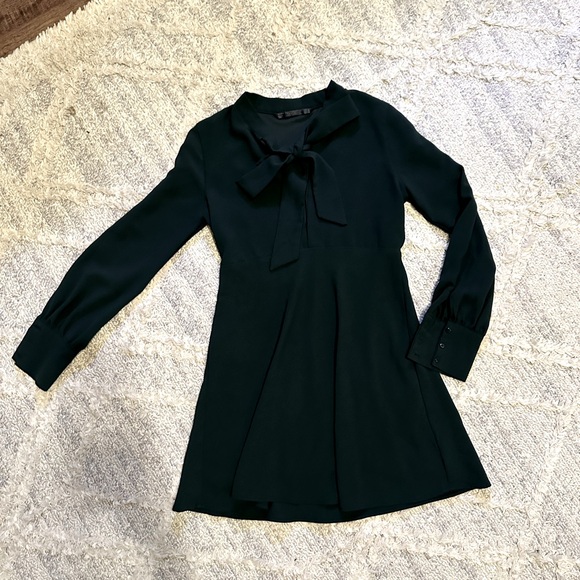 Zara dark green lapel collar midi long sleeve dress with tie - Picture 1 of 4